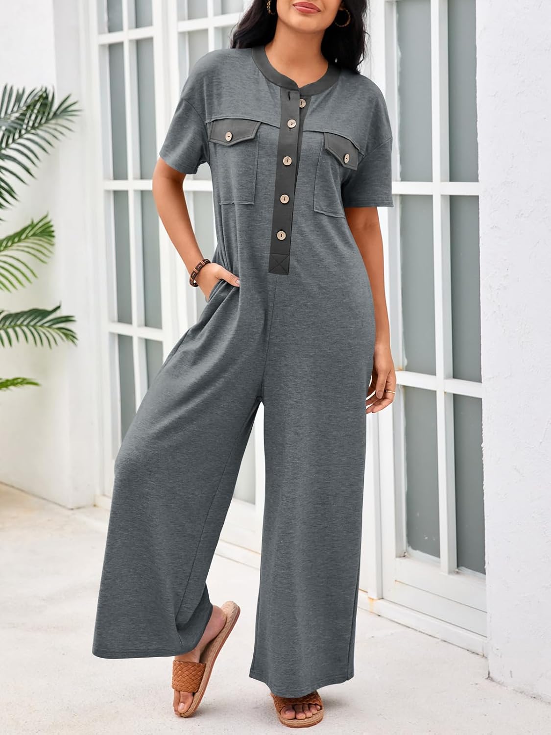 Fisoew Womens Casual Loose Jumpsuits Short Sleeve V-Neck Button Down One Piece Outfits Wide Leg Summer Long Pant Rompers - Image 4