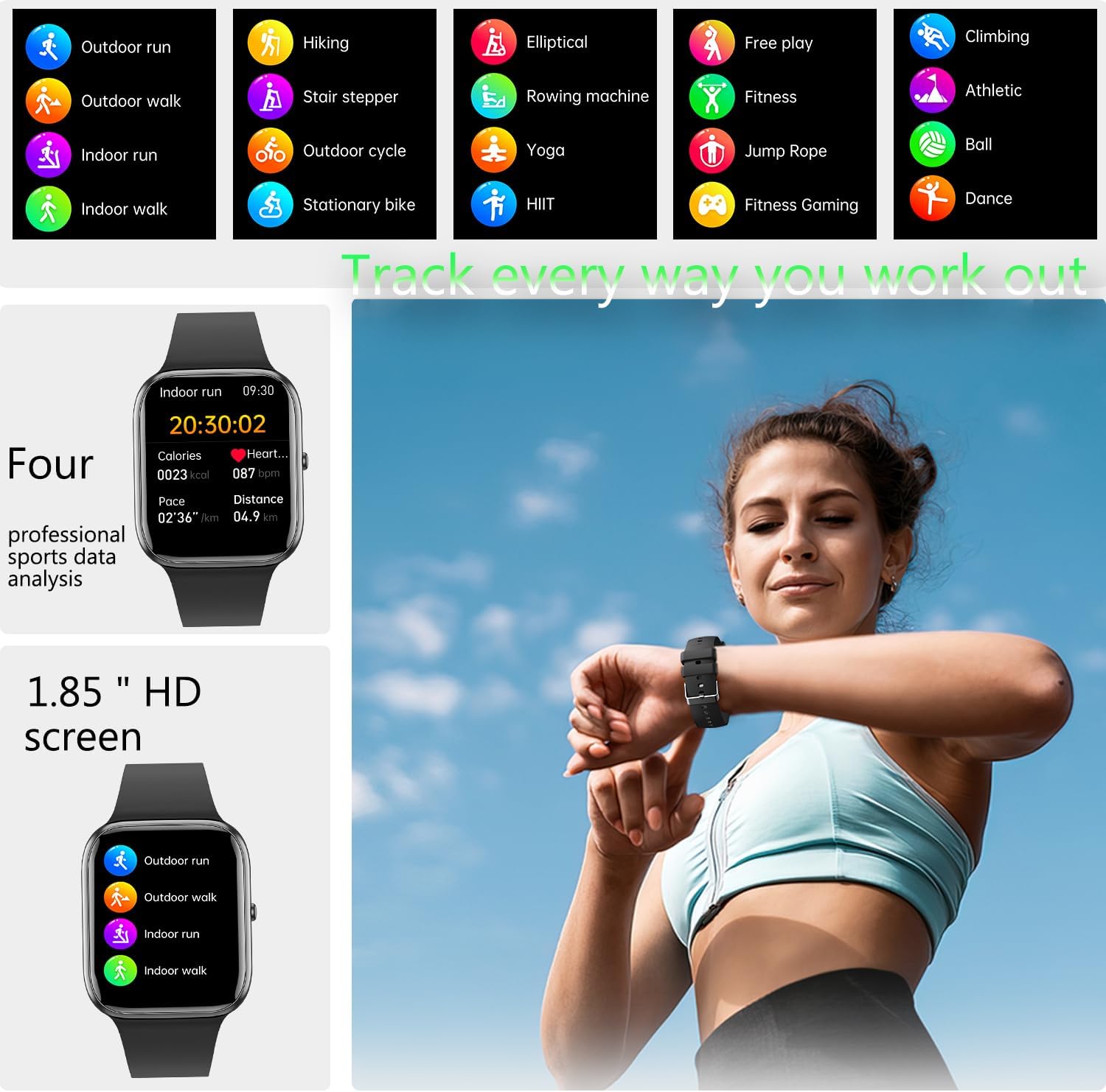 Smartwatch displaying various sport modes and fitness data, with a woman exercising in the background.