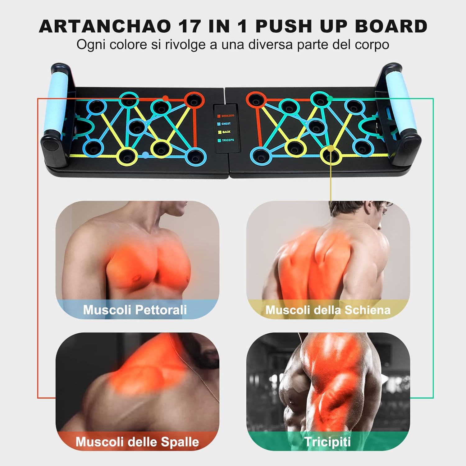 Artanchao Push Up Board,17 in 1 Press Up Board Pieghevole Portatile con Maniglia Gomma,Tavola per Flessioni per Allenamento Muscolare, Esercizi a Palestra o Casa - Immagine 2