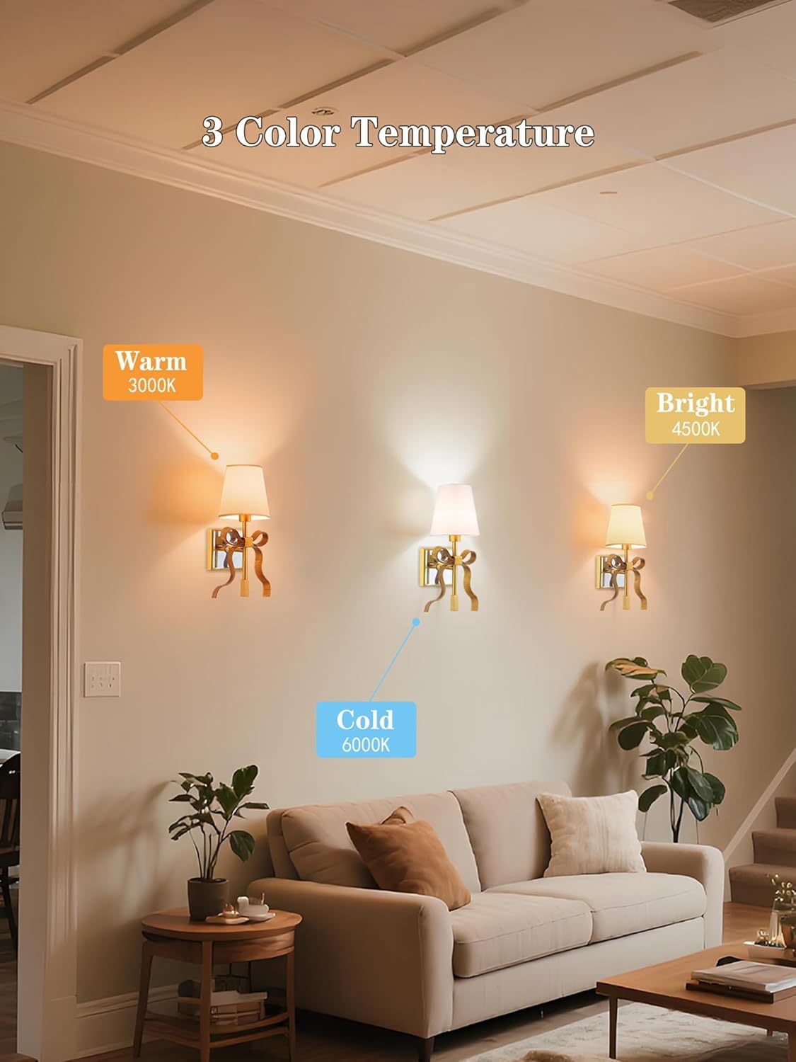 Battery Operated Wall Sconces Set of 2, Gold Wireless Bow Wall Light with 5200mAh Dimmable Bulbs & Remote, 15 Colors Rechargeable Brass Wall Sconce for Bedroom Living Room Hallway Decor