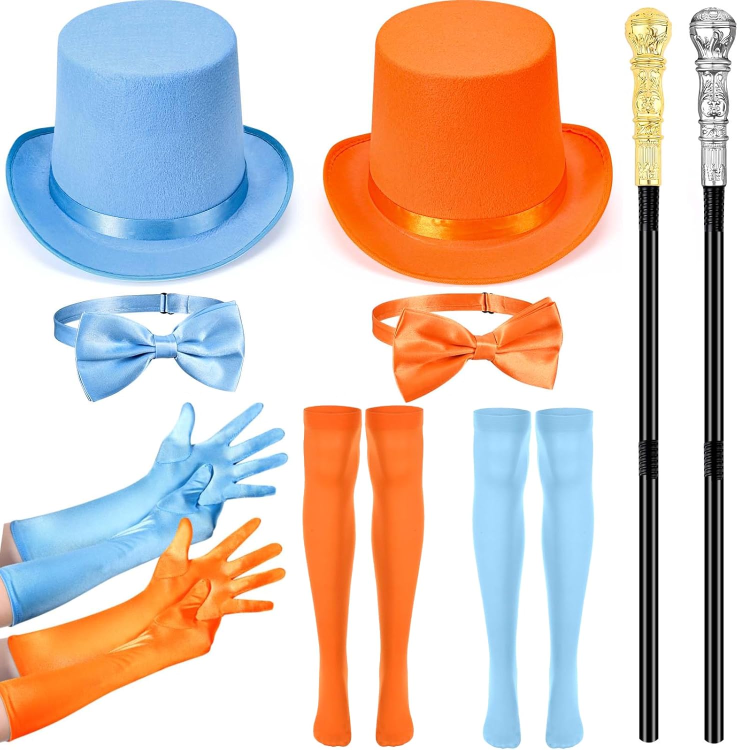 10 Pcs Halloween Women Costume Include Orange and Blue Top Hat,Bow Ties,Gloves Socks and Canes for Movie Character Cosplay
