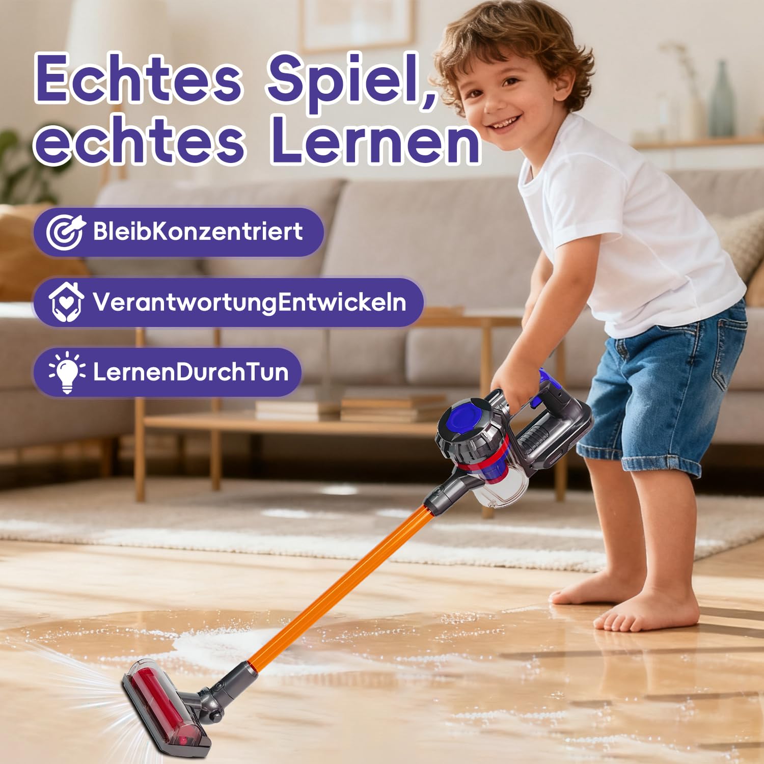 VARANO 3-in-1 Kinderstaubsauger mit echter Saugfunktion – Kinder Staubsauger mit Saugleistung, realistisches Rollenspiel & Montessori Lernspielzeug für Jungen & Mädchen ab 3 Jahren (Rot/Violett)