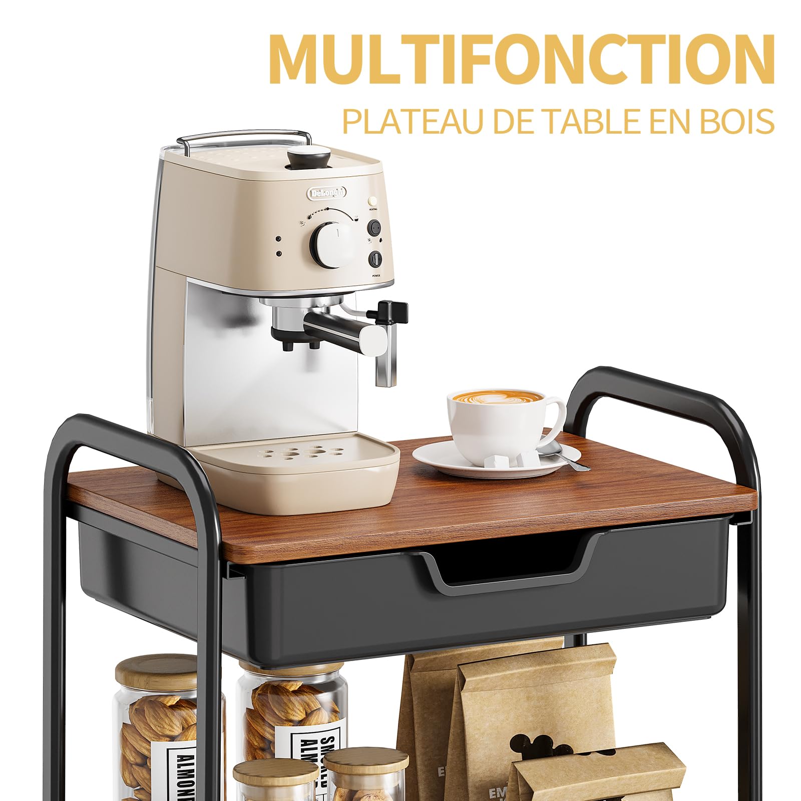 kingrack Chariot de Rangement à 3 Niveaux avec Plateau, Chariot Multifonction en métal pour Cuisine, Maison, Bureau, Salle de Bain, Noir