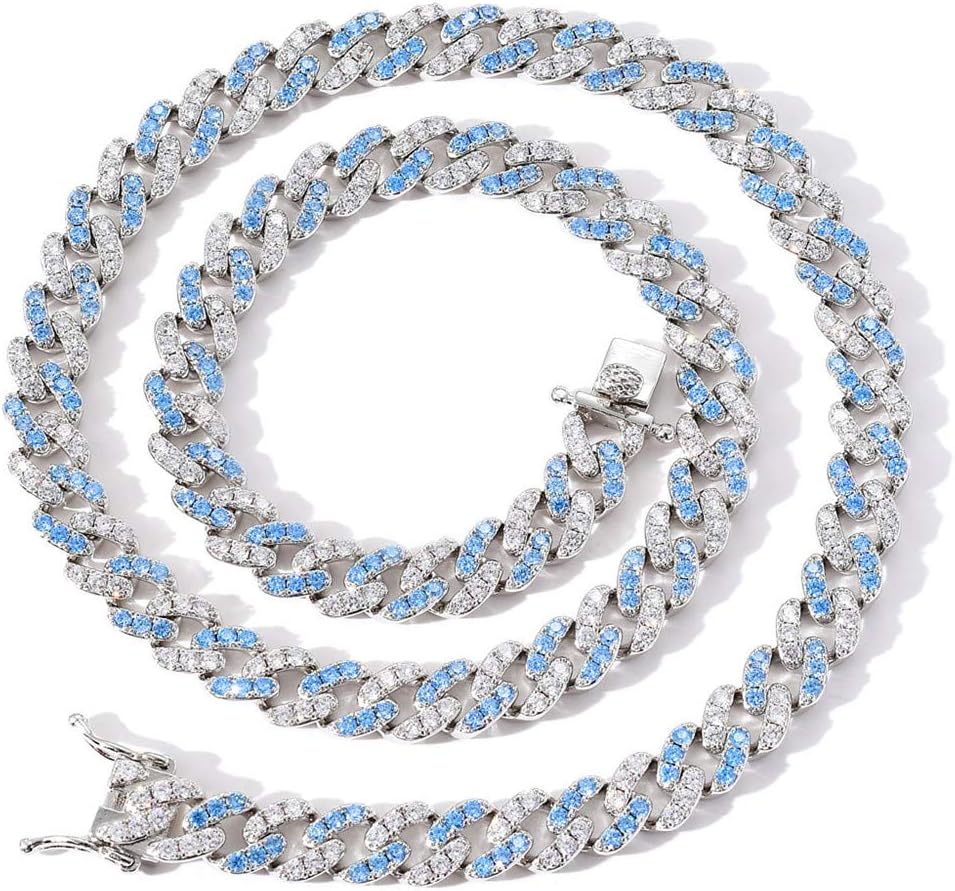 ICEDIAMODN 9mm Blue CZ Diamond Miami Cuban Chain Bracelet and Necklace, Iced Out Dual Color Zirconia Charm Hip Hop Jewelry Set for Men Women