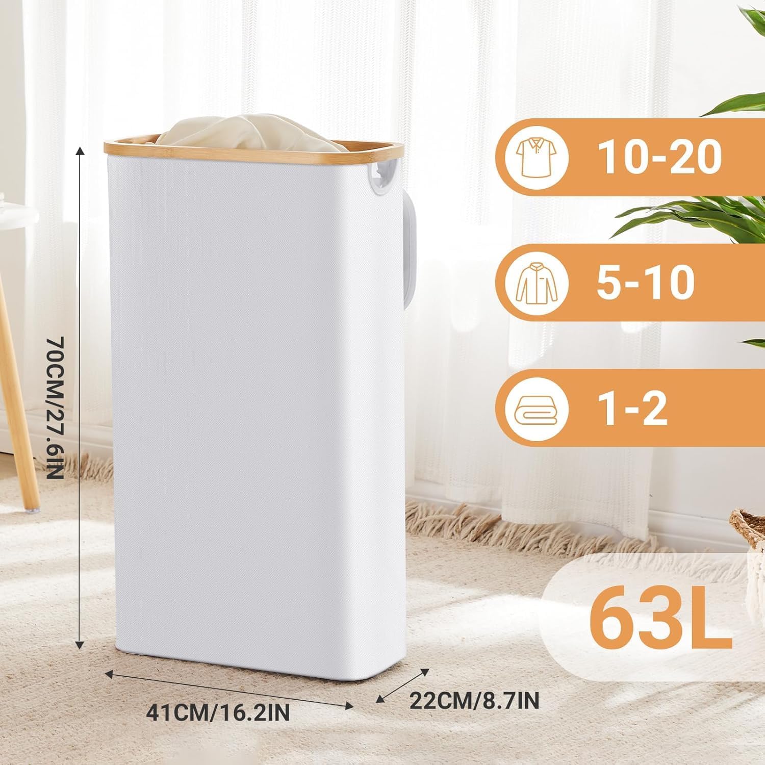 Slim Laundry Hamper with Lid by Fiona's magic, 63L Narrow Laundry Basket with Removable Bag, White Collapsible Dirty Clothes Basket, Thin Tall Storage Basket for Bathroom, Bedroom (White, 2Pack)