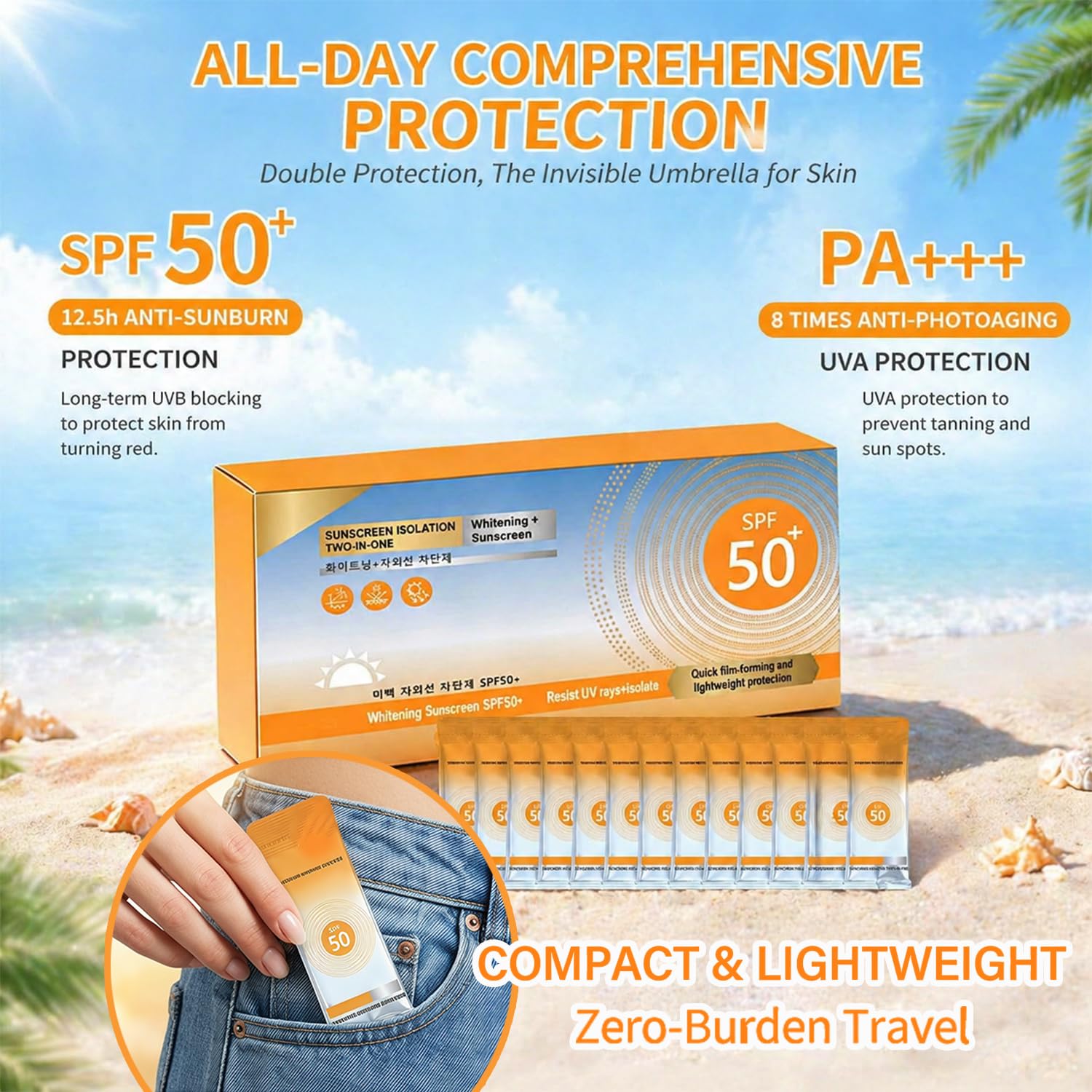 50PCS Mini Sunscreen Bulk, Travel Size Sunscreen SPF 50+, Sunscreen Packets, Bulk Mini Sunscreen for Face & Body, Lightweight, Waterproof & Non-Greasy, Perfect for Thank You Gifts & Beach Must Haves