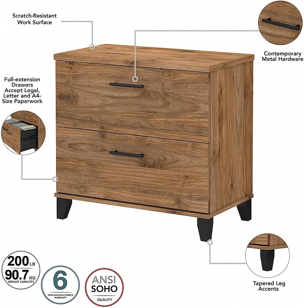 Bush Home Somerset 72W 3 Position Sit to Stand L Shaped Desk with Hutch and File Cabinet in Fresh Walnut