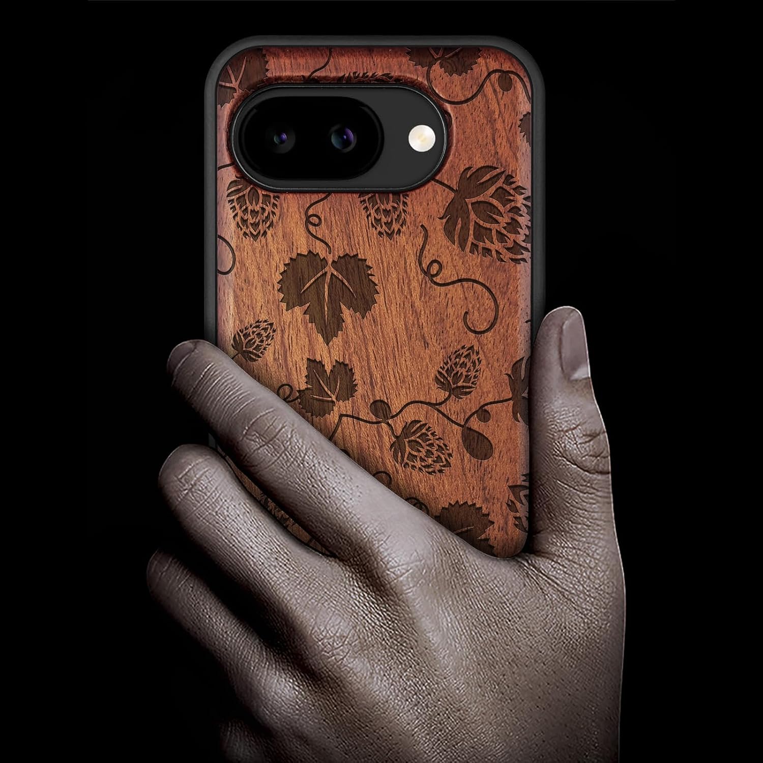 Carveit Magnetic Wooden Case for Google Pixel 10a Case, Wood Artisan Engraved & Soft TPU Shockproof Cover, Compatible with MagSafe Wireless Chargers (Hops & Vines Elegance) Rosy