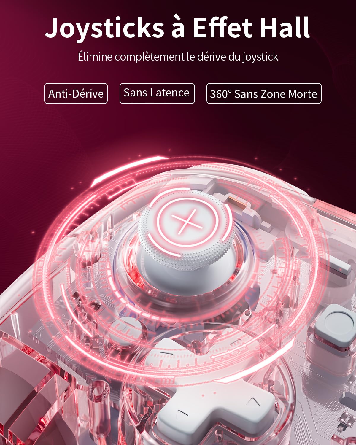 PALPOW Manette Switch à Effet Hall sans fil, Compatible avec Switch 2/OLED/Lite, Gamepad Bluetooth avec 7 Couleurs LED/Macro/Capteur de Mouvement/Turbo - Rose Transparent