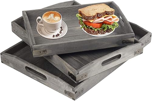 Miniatura 2 de Owlgift Bandejas de madera gris vintage con detalles de metal de latón, juego de 3
