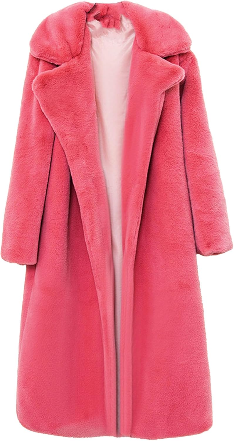 Maiyifu-GJ Women's Fleece Lapel Open Front Long Cardigan Overcoat Jacket Warm Winter Outerwear Faux Fur Jackets with Pockets