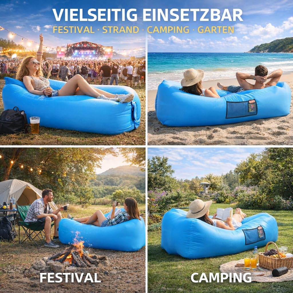 AngLink Luftsofa mit Kopfstütze, aufblasbares Sofa, wasserdichter Air Lounger ohne Pumpe mit 2 Lufteinlässen, bis 200 kg, 2 Seitentaschen und Tragebeutel für Camping, Park und Strand,Blau