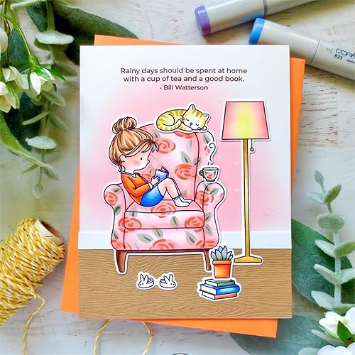 Miniatura 4 de Juego de sellos y troqueles para niña con un libro en el sofá para hacer tarjetas, sellos transparentes y troqueles de corte de metal para álbumes