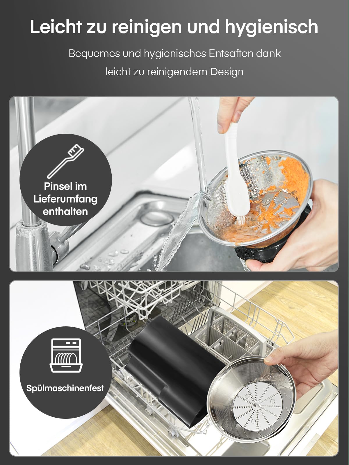 JUILIST Centrifuga Frutta e Verdura, Scivolo di Alimentazione da 65 mm, 3 Impostazioni, con Spazzola per la Pulizia, Facile da Pulire, Senza BPA, Argento