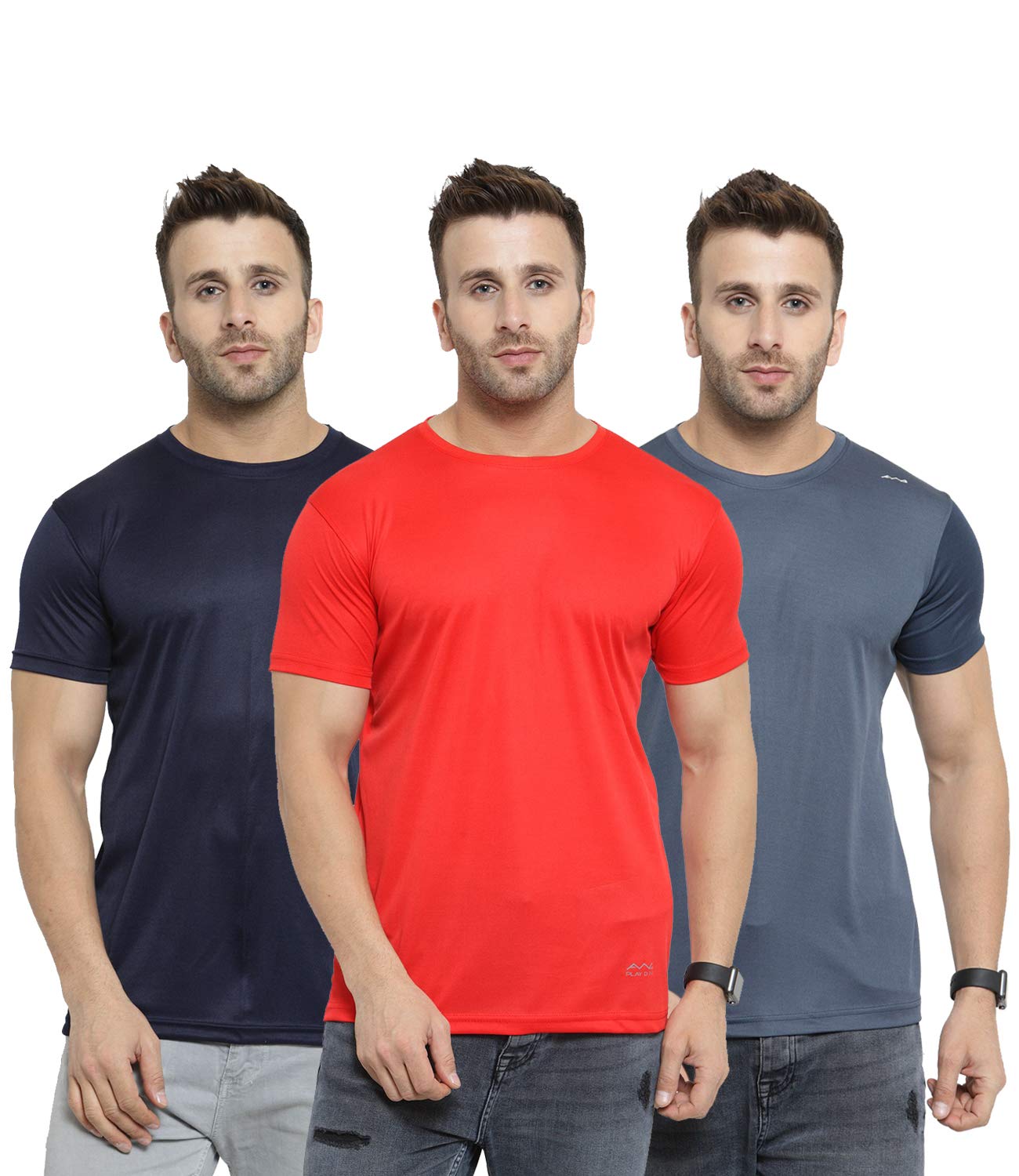 AWG ALL WEATHER GEARMen’s Round Neck Half Sleeves, Lightweight Quick Dry Regular Dry Fit Sports T-Shirt (Pack of 3) (AWGDFT-BU-DGR-RD-XL_Multicoloured_XL)
