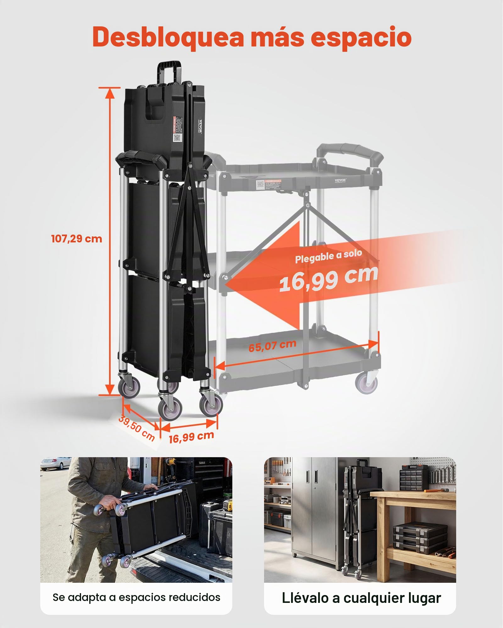 VEVOR Carro de Servicio 65x39x83 cm Carro de Transporte Utilitario Plegable 3 Estantes Capacidad Total 74,8 kg​ 25 kg​/Estante Ruedas Giratorias (2 con Frenos) para Garaje Herramientas Almacén Oficina