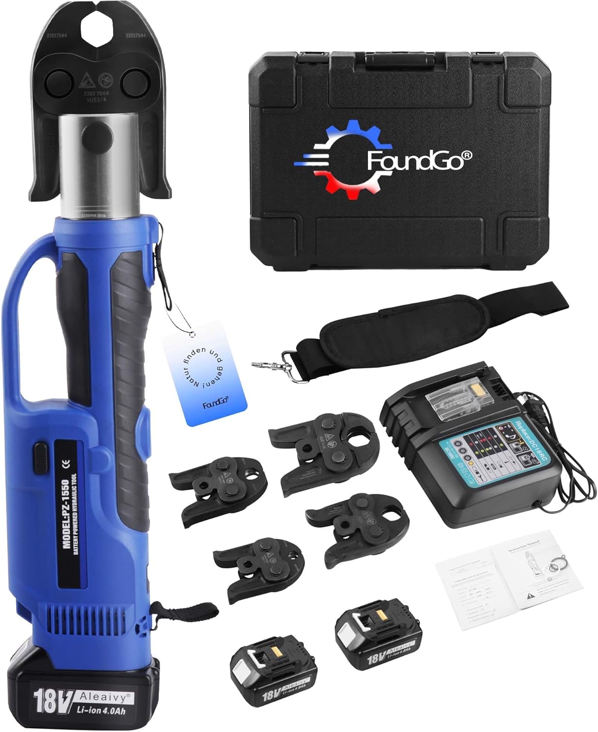 FoundGo Pro Press Tool 18V hydraulic crimping kit with 1/2", 3/4", 1", and 1-1/4" Pro Press Jaws for Stainless Steel/Copper/PEX Pipes, Pipe Press Tool Kit with 2 Battery, Fast Charger & Carrying Case