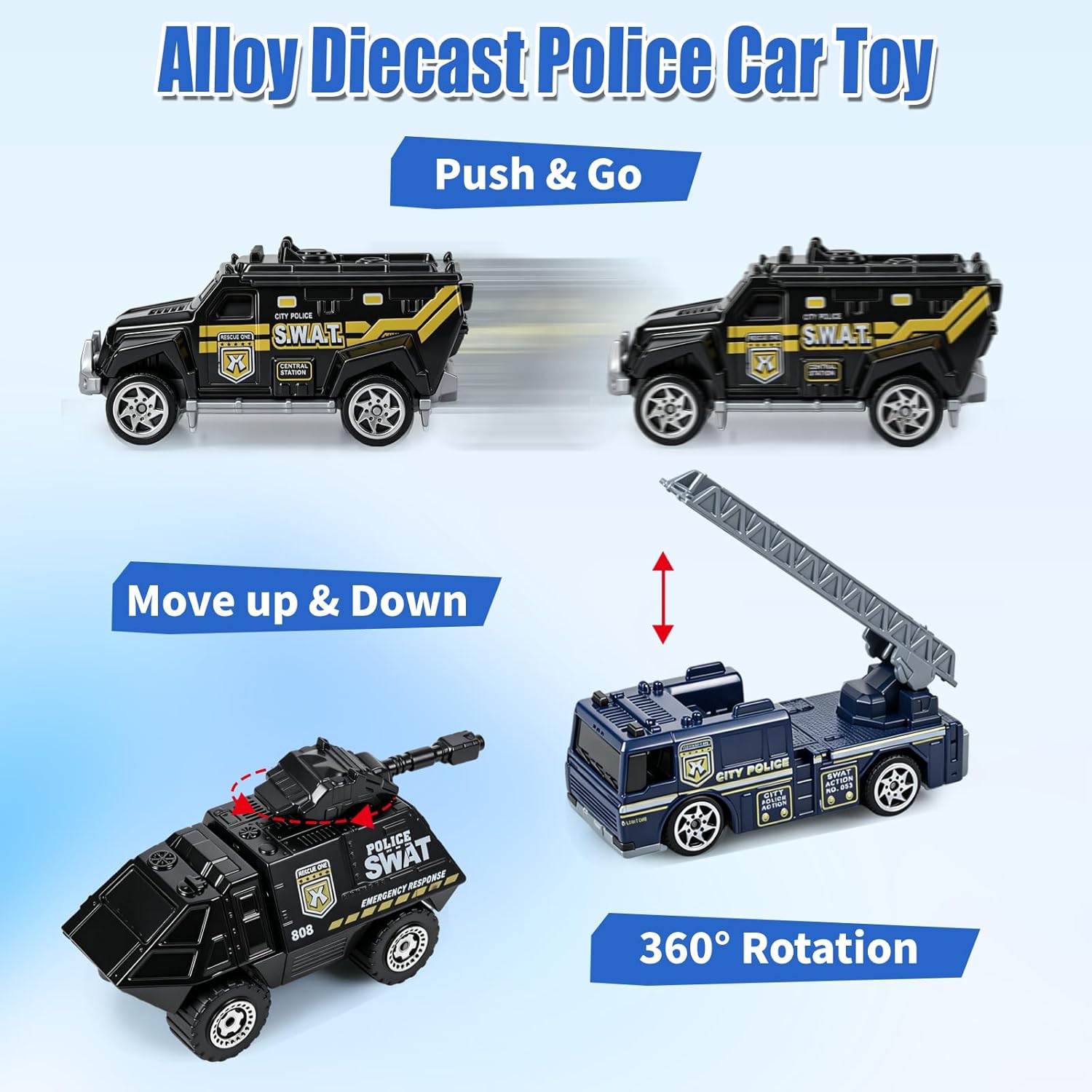 6 Pack Diecast Police Car Toy Set, Mini Alloy Models Police Car Toys for Boys 3-5 6 7, Armored Vehicle, Bulletproof Car, Rescue Truck, Military Helicopter, Armed Car Police Toys Kids Birthday Gift