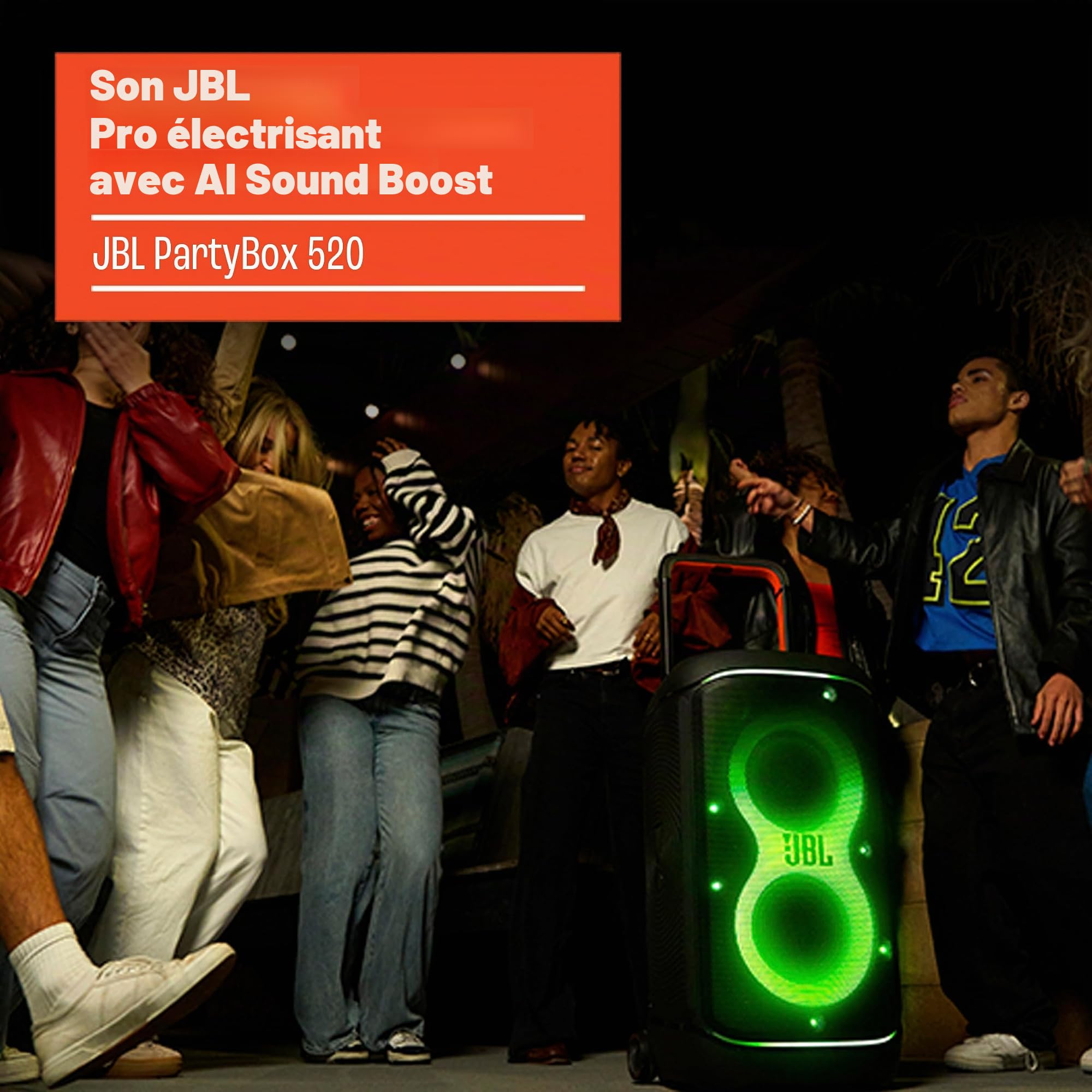 JBL PartyBox 520 Enceinte Portable pour fête alimentée par Batterie avec Renfort de Son AI, jusqu'à 15 Heures de Temps de Lecture, Anti-éclaboussures IPX4, Connexion Multi-radiateur