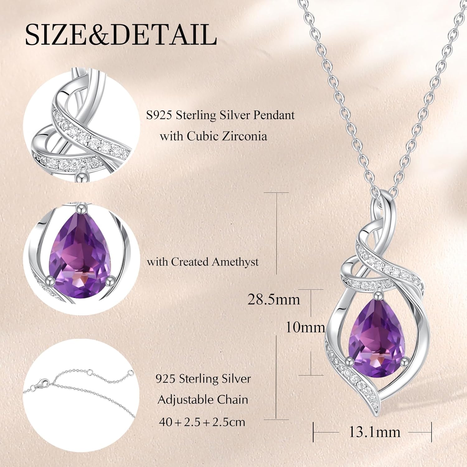 FANCIME Teardrop Gemstone Necklace for Women S925 Sterling Silver Elegant Ribbon Pendent Birthday Gifts for Her, 16"+2" Inches - Image 2