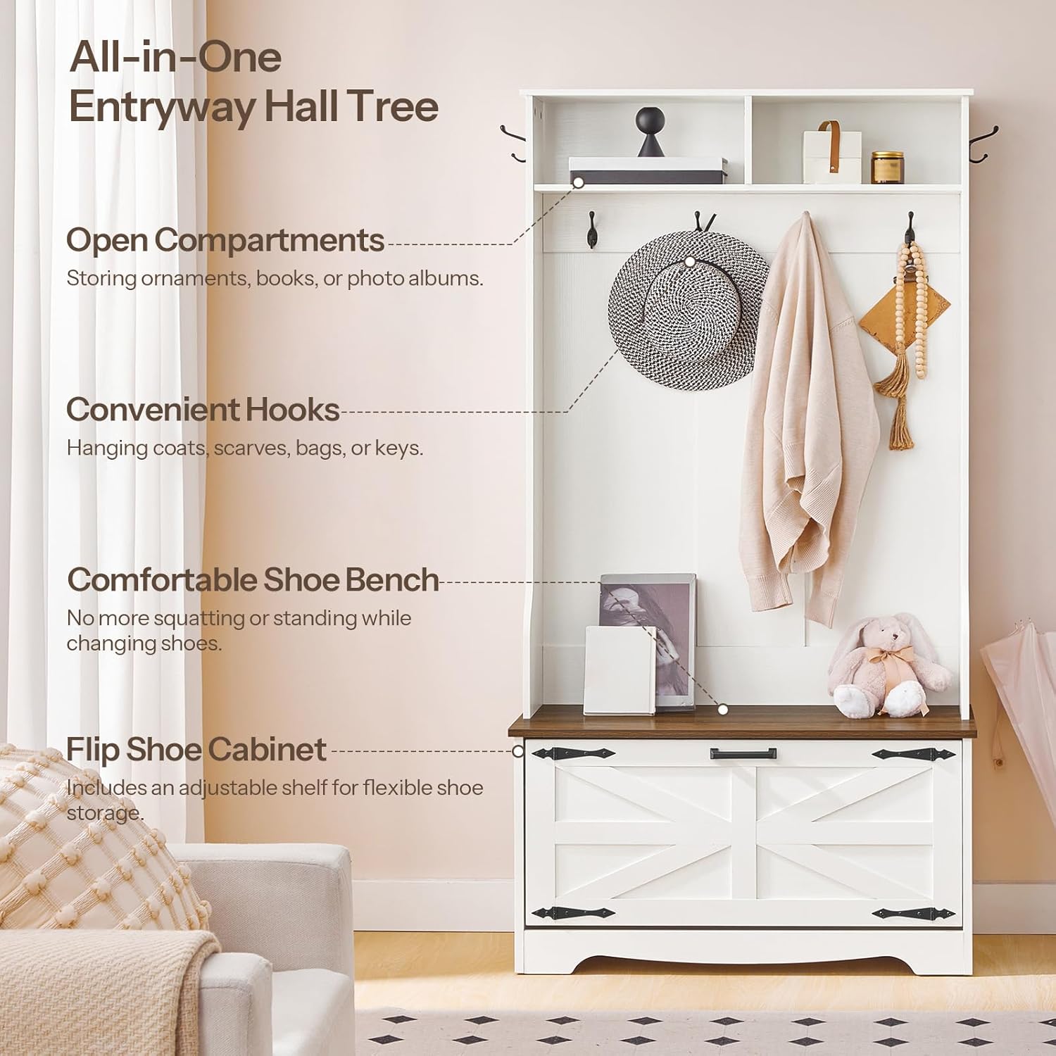 HOOBRO Hall Tree with Bench, Entryway Bench with Coat Rack and Shoe Cabinet, Flip Drawers, Farmhouse Hall Tree with Shoe Organizer, Mud Room, White and Walnut WH85MT01