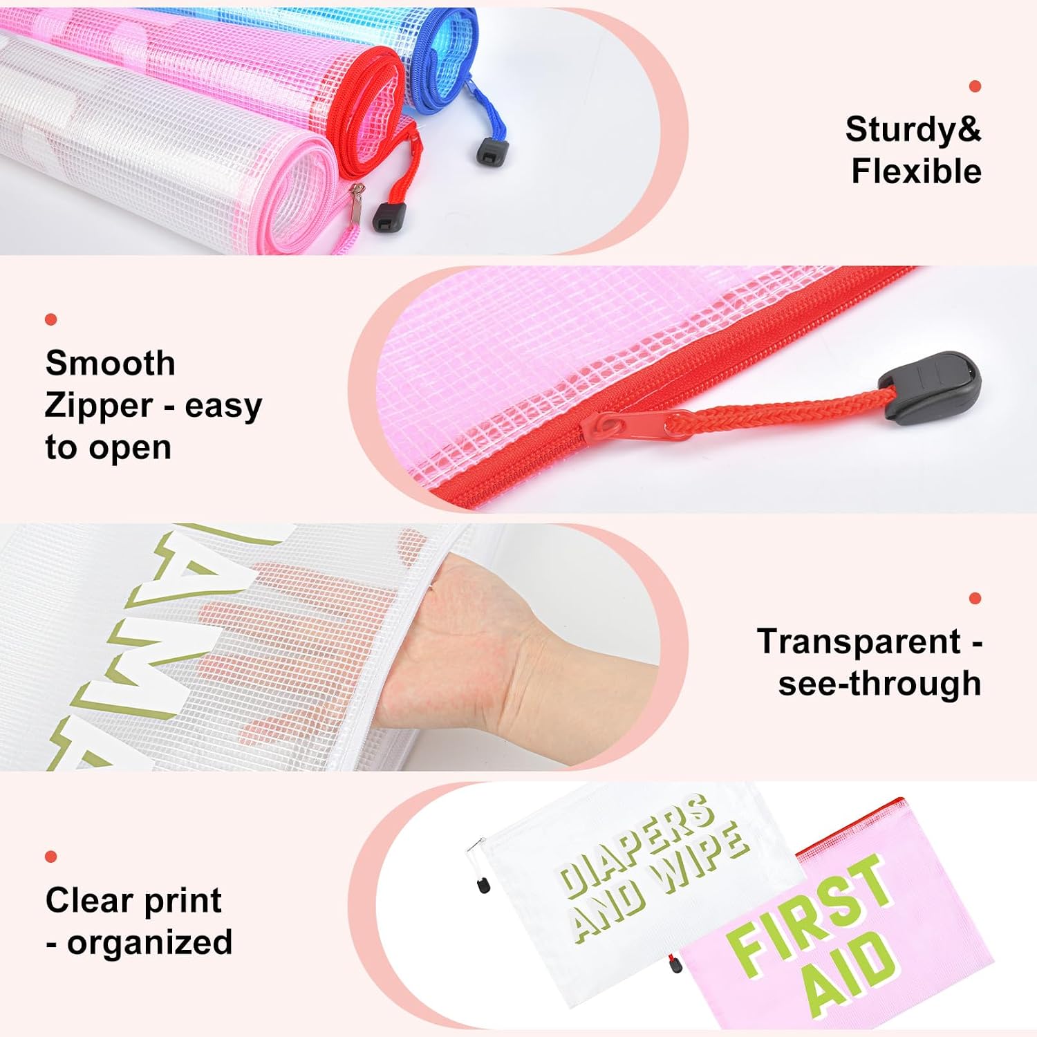 6pcs Hospital Diaper Bag Organizing Pouches for Labor and Delivery, Maternity Essentials Diaper Bag Organizer for Mommy Travel - White/Pink
