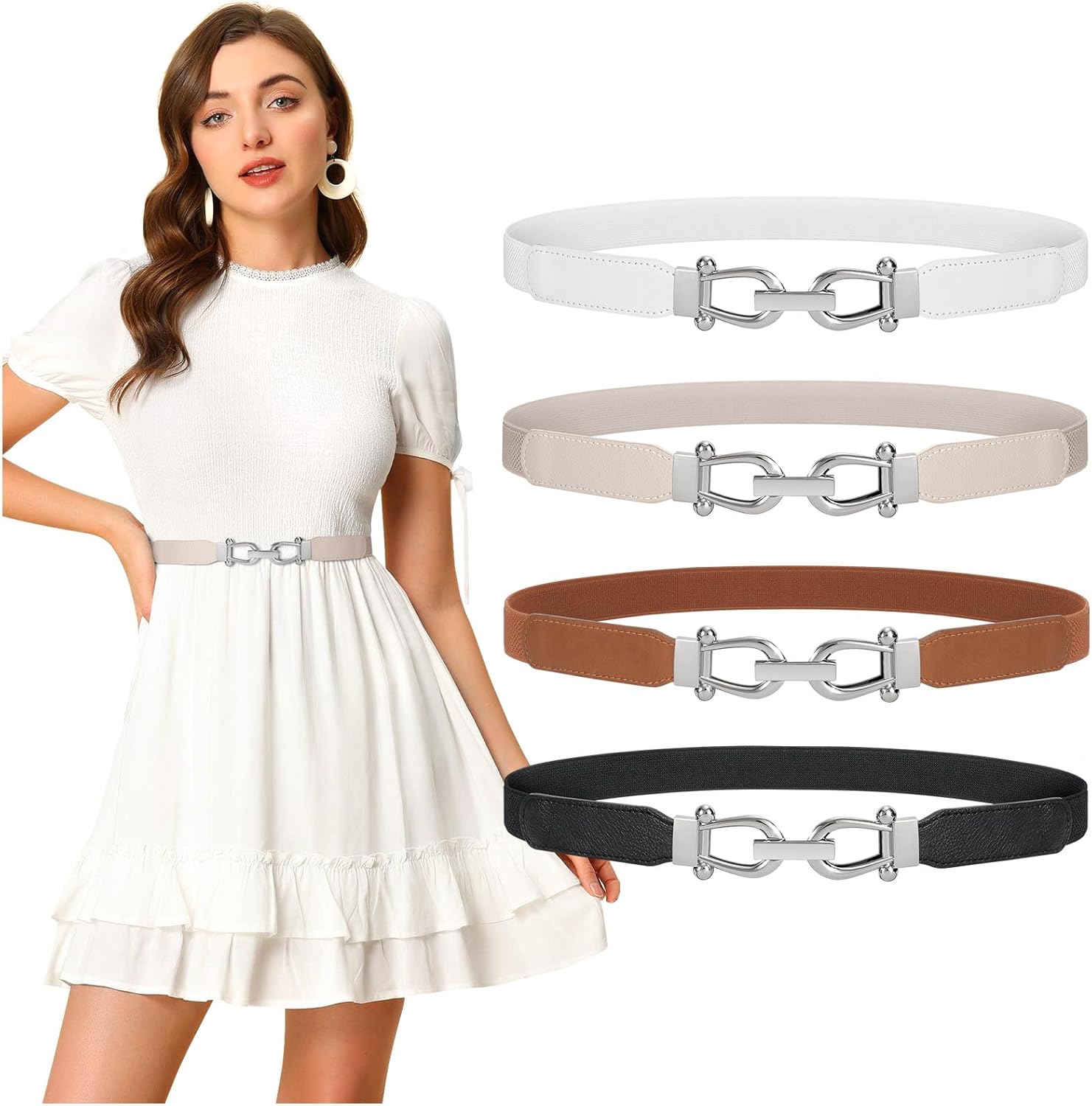 WERFORU Women Skinny Belt for Dresses Retro Stretch Waist Belt with Gold Buckle Set of 4 - Image 5