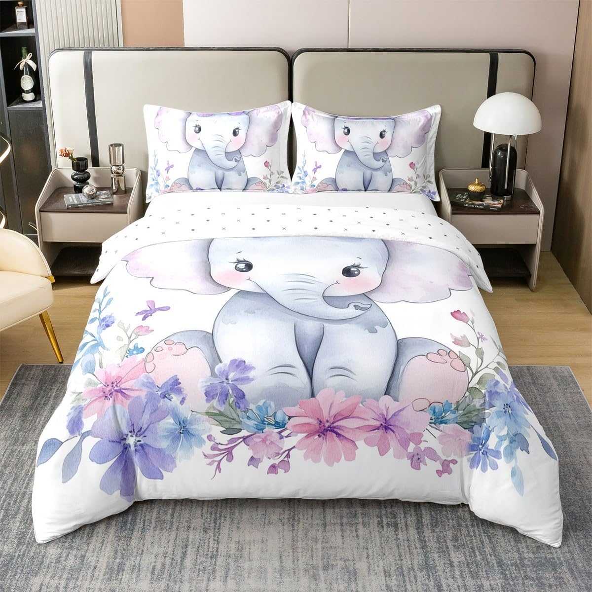 Kids Cotton Elephant Bedding Set Cute Animal Comforter Cover Twin For Girls Boys Kawaii Room Decor, Flower Branches Duvet Cover Cartoon Elephant Floral Quilt Cover With Corner Ties, Purple Blue