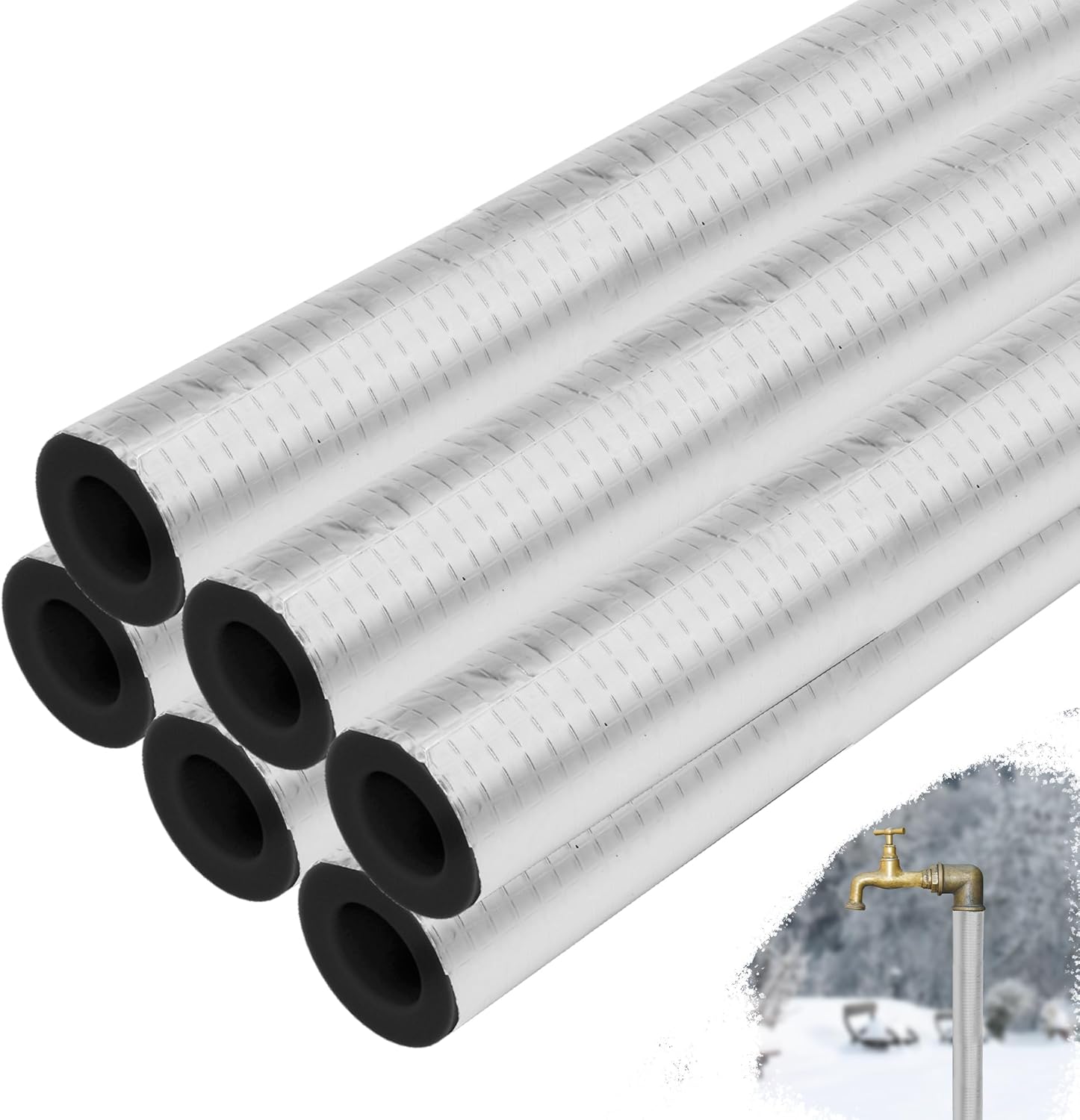 6 Pack Pipe Insulation Foam Tube, 3/4'' Self-Adhesive Pre Slit Foam Pipe Covers Polyethylene with Aluminum Foil for Spigot, Winter Outside Pipes, Water Heater Pipes Freeze Protection silver -6Pack 3/4" ID