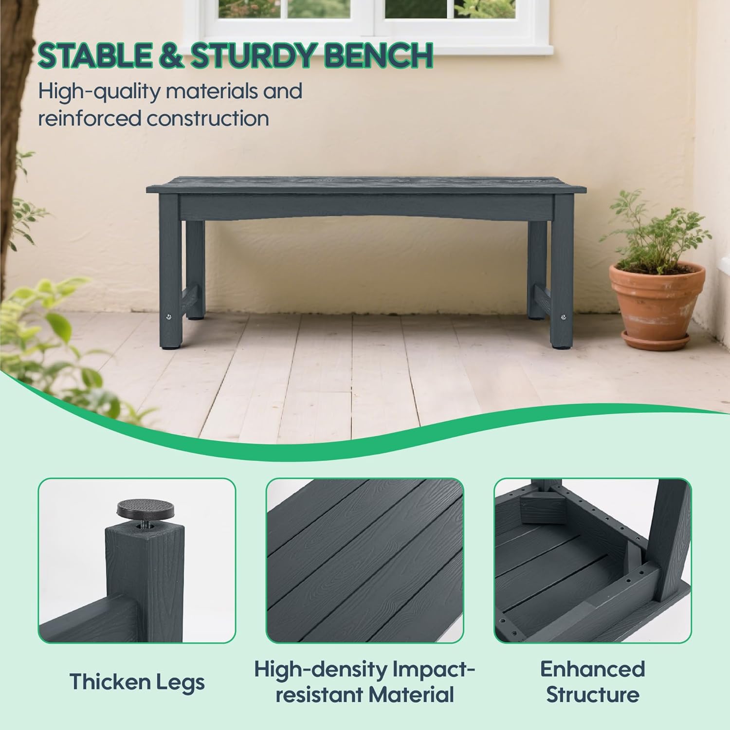 Weatherproof HIPS Outdoor Bench, 2-Person Patio Dining Bench, All-Weather Poly Lumber Garden Bench, Never Rot or Fade, Park Bench with Wood Grains for Porch, Garden, Deck, Entryway, Grey