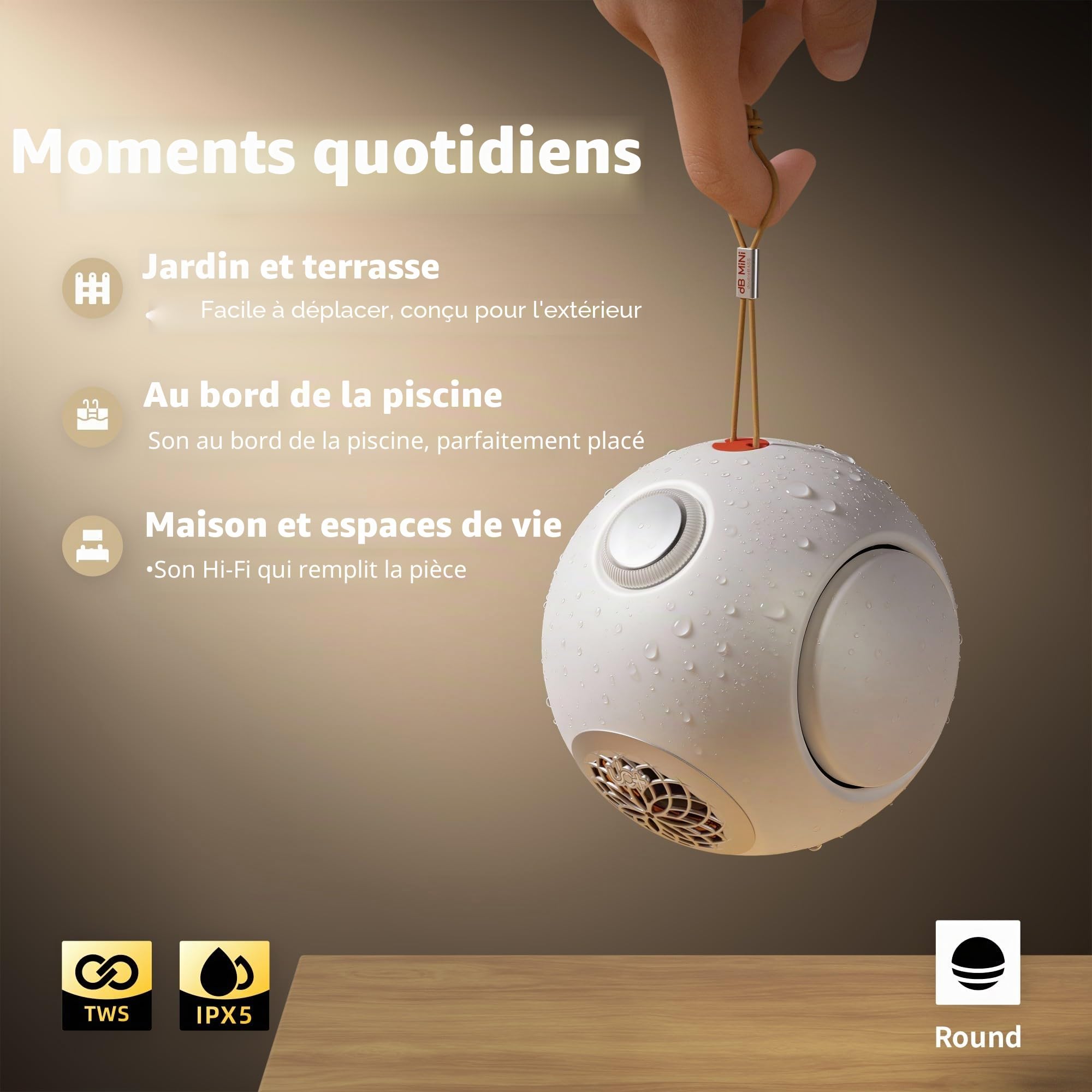 UB+ dBMiNi, Enceinte Bluetooth Portable, Hi-FI, Ultra-Basses, Sphérique | Enceinte compacte, Longue autonomie, Double basse, Étanchéité, TWS, Idéal pour l'extérieur / la maison(Blanc Perle)