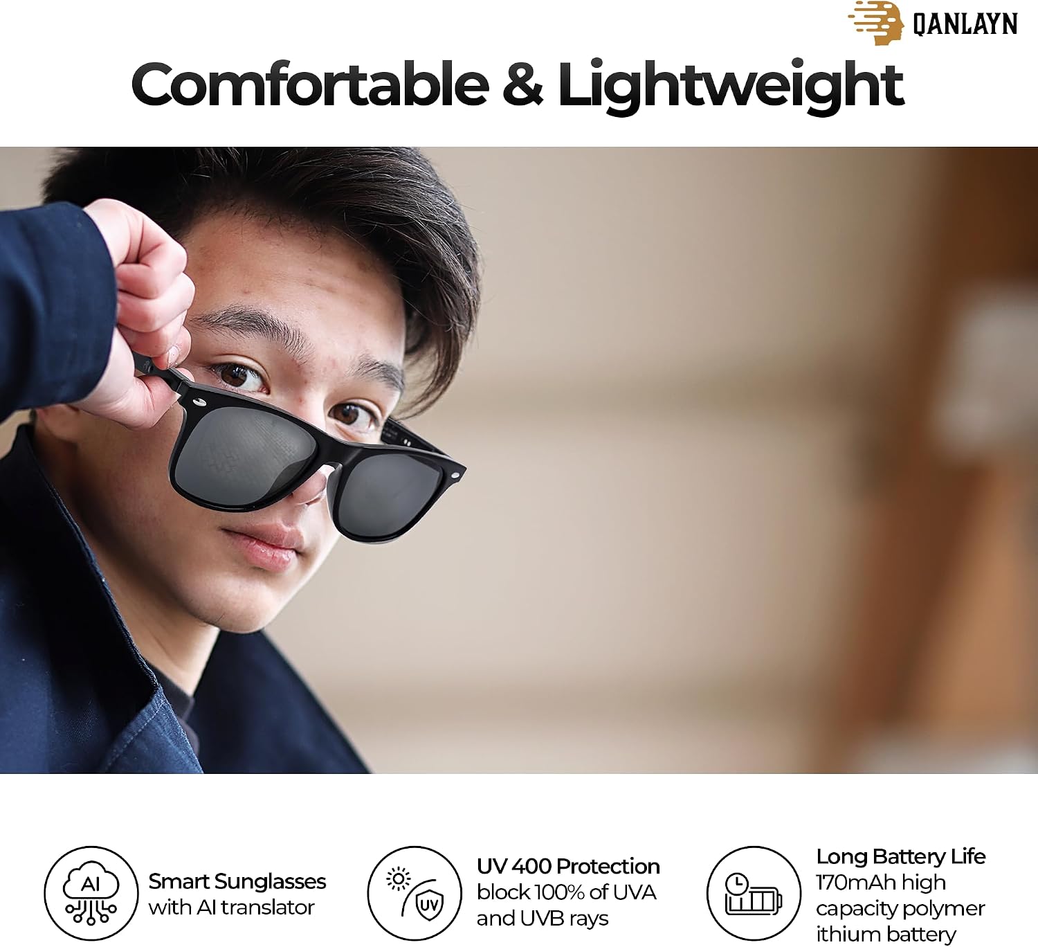 Bluetooth Smart Glasses with Voice Translation App, Sunglasses with Open-Ear Speakers, 22H Daily Battery Life, Calls & Music, UV Protection, Travel & Business use