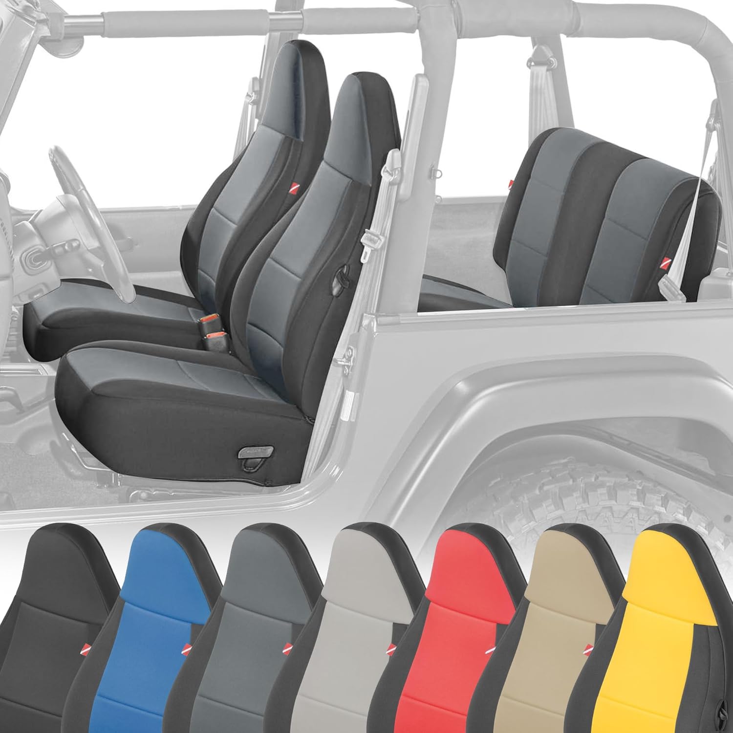 Diver Down Neoprene Seat Cover Set - Fits Jeep TJ 1997-2006 Wrangler - Front and Back Seat Set - Waterproof Custom Fit Seat Covers - Soft Padded Cushion Feel - Thermal Resistant - (Charcoal, 97-02)