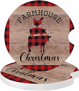 Car Coasters Absorbent Ceramic Stone for Drink Set of 2, Christmas Cow Pig Chicken Farm Animals Car Accessories Cup Holder Insert Coasters for Auto Vehicles Red Buffalo Plaid Vintage Brown Wood