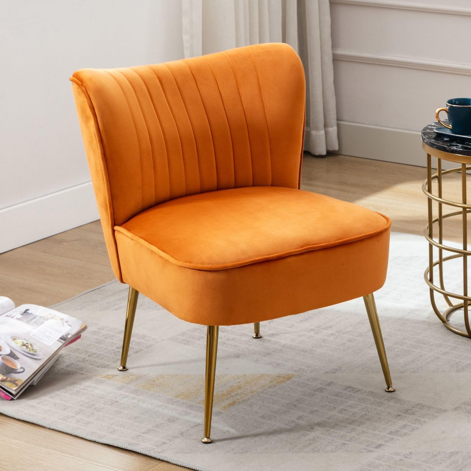 chairus Poltrona da Salotto in Velluto Sedia Imbottita Senza Braccioli Poltroncina Lounge con Gambe in Metallo Poltrone Moderne Design per Camera da Letto/Soggiorno, Arancio