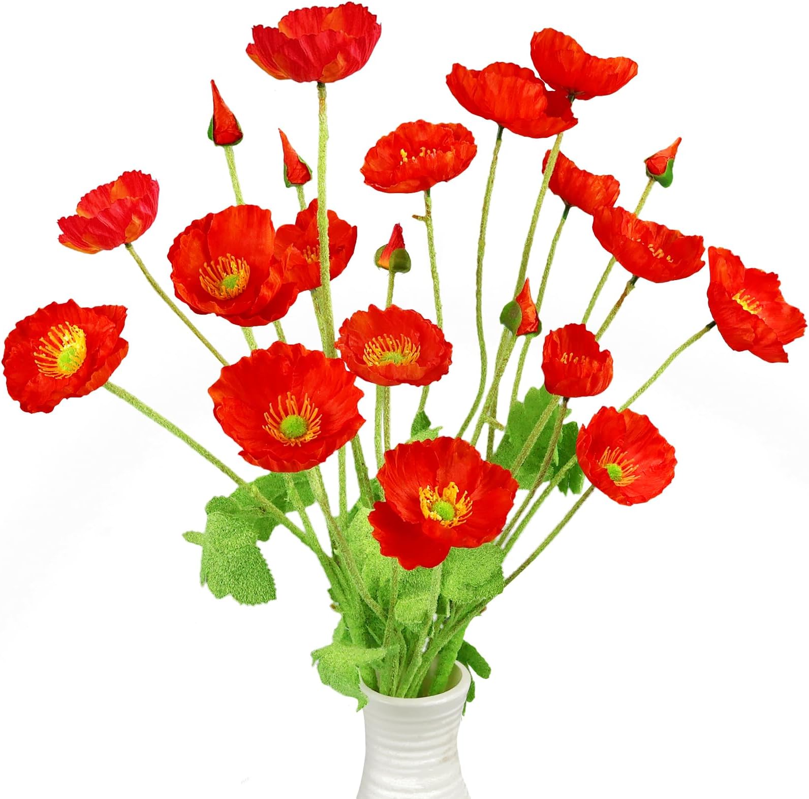Artificial Flowers Poppy Silk Flowers with Stems, Faux Poppy Flowers Real Touch Decor Plants Realistic Bouquet for Home Kitchen Wedding Office Centerpiece Decorations (Orange Red 5pcs)