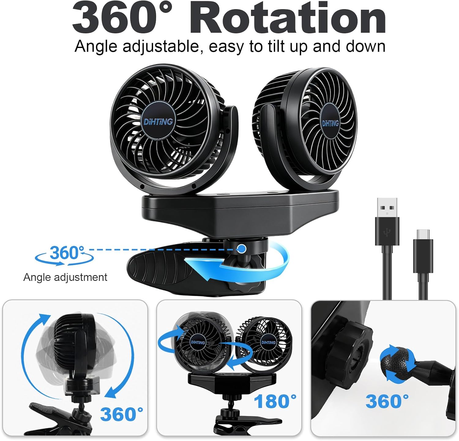 2Pcs 6000mAh Rechargeable Car Fan for Backseat, 3-Speed Separate Controlled