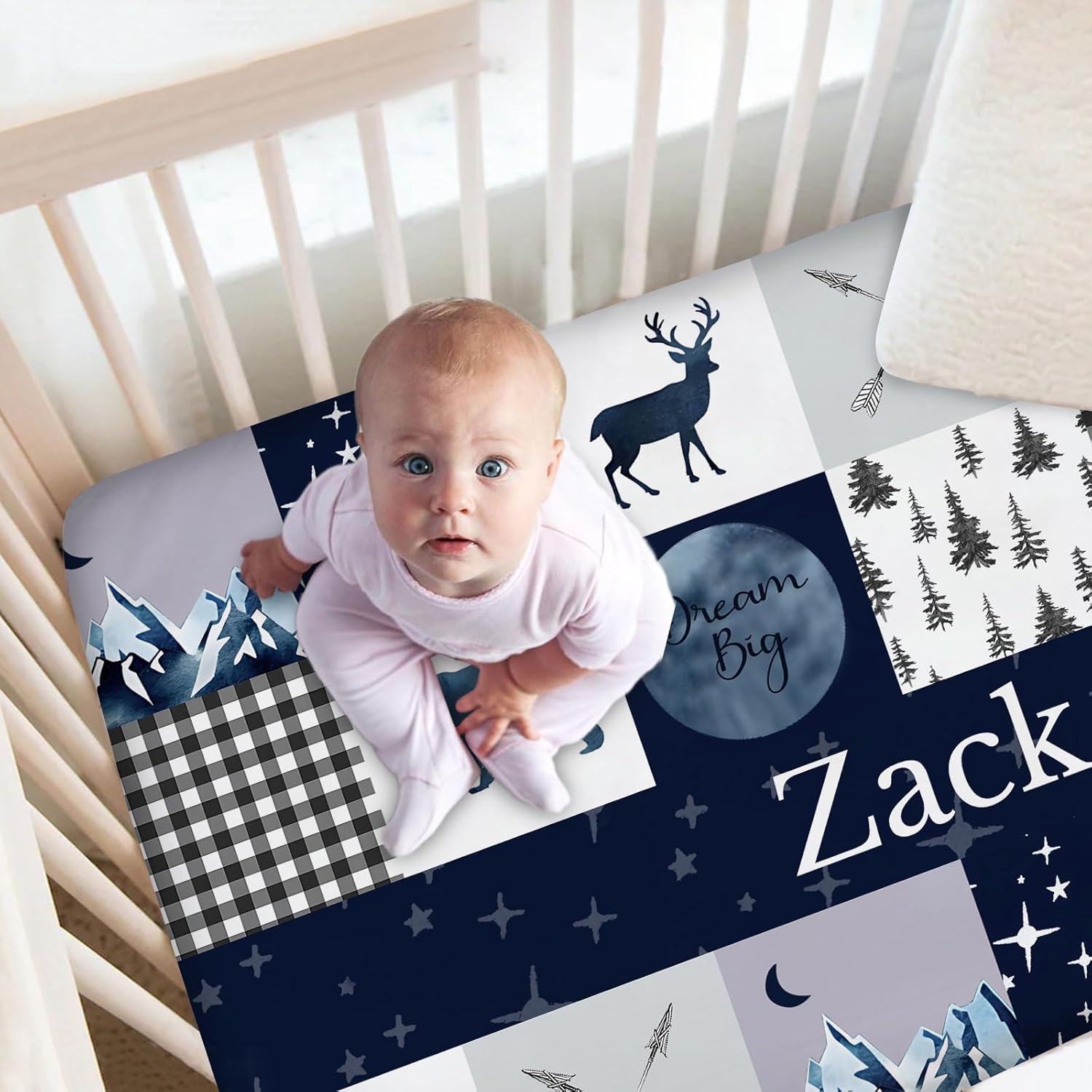 Personalized Baby Crib Bedding Set, 3 Piece Custom Name Woodland Navy for Boys, Includes Minky Blanket, Fitted Sheet, Pillowcase, Soft Crib Bedding for Newborn, Infant, Toddler, Shower Gift for Baby