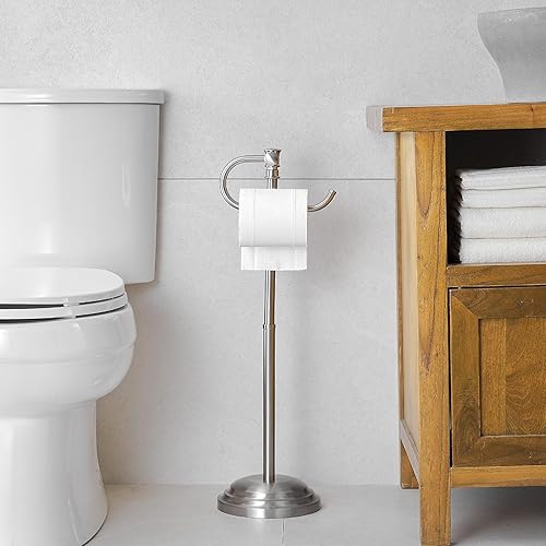 Miniatura 2 de Soporte de papel higiénico para piso, níquel cepillado ajustable (12.4 a 22.8 pulgadas), soporte de papel higiénico de pie independiente con