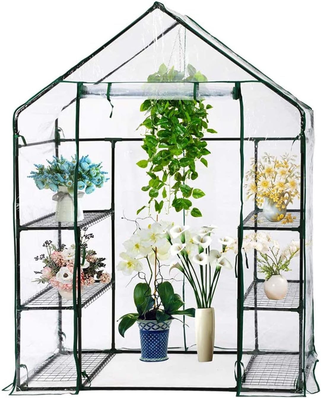 Compact Walk In Greenhouse PVC Plastic Garden Grow Green House with 4 Shelves