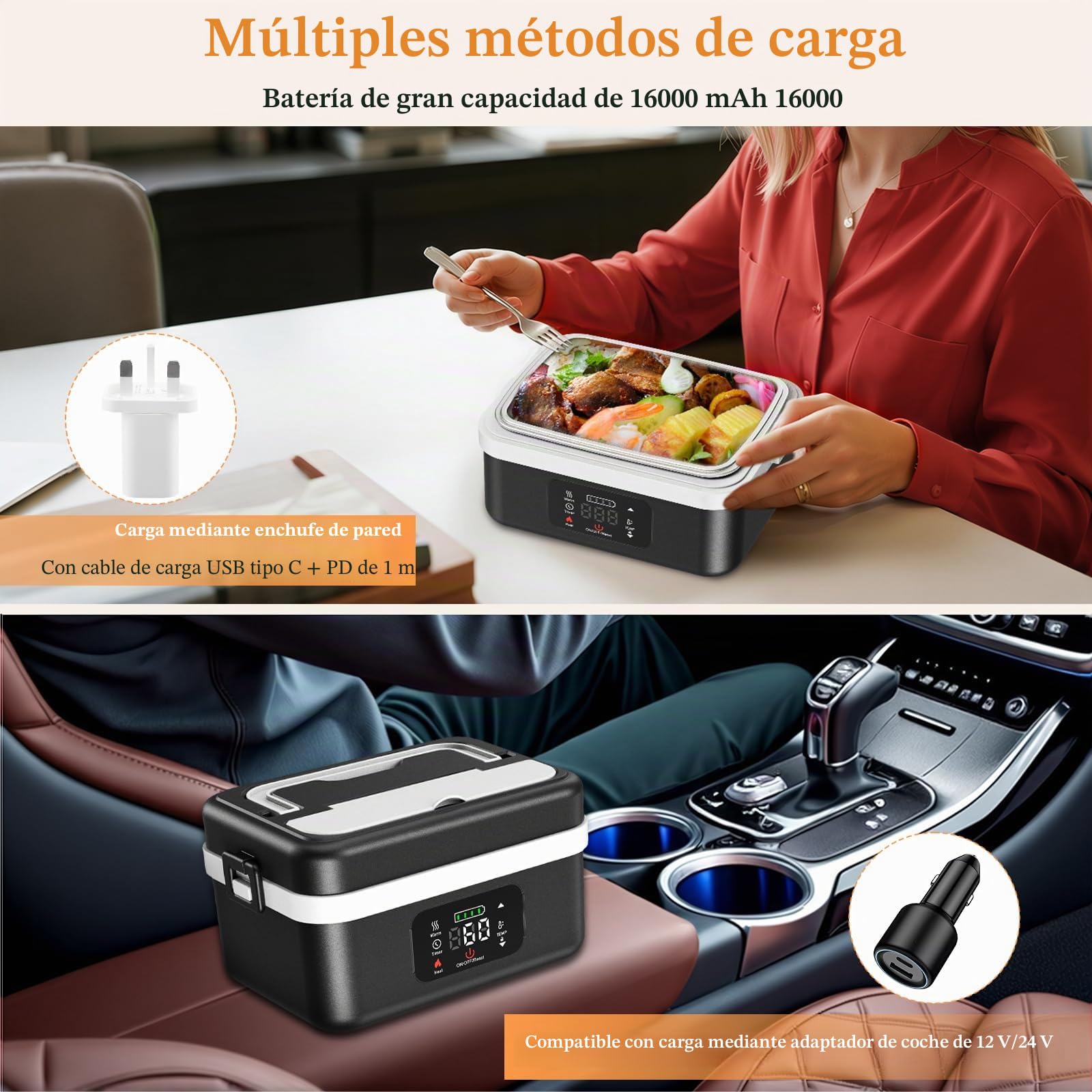 Fiambrera Eléctrica, Recargable Taper Electrico Para Comida de 16 000 mAh, Calentador de Alimentos portátil de 1 l con Calentamiento Automático para Oficina, Picnic, Coche y Uso al Aire Libre