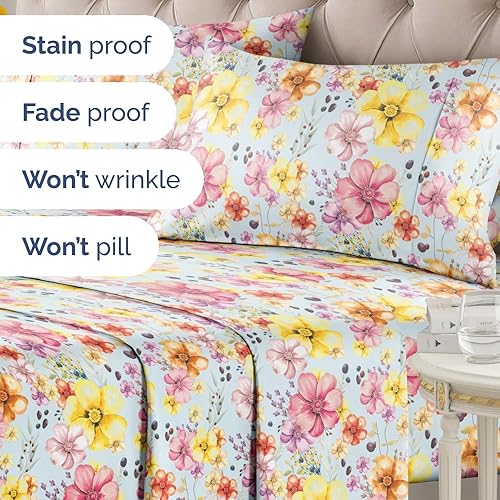 Miniatura 6 de Sábanas florales  Juego de sábanas florales de acuarela  1 plana, 1 bajera y 2 fundas de almohada con bolsillos profundos  No se arruga ni se