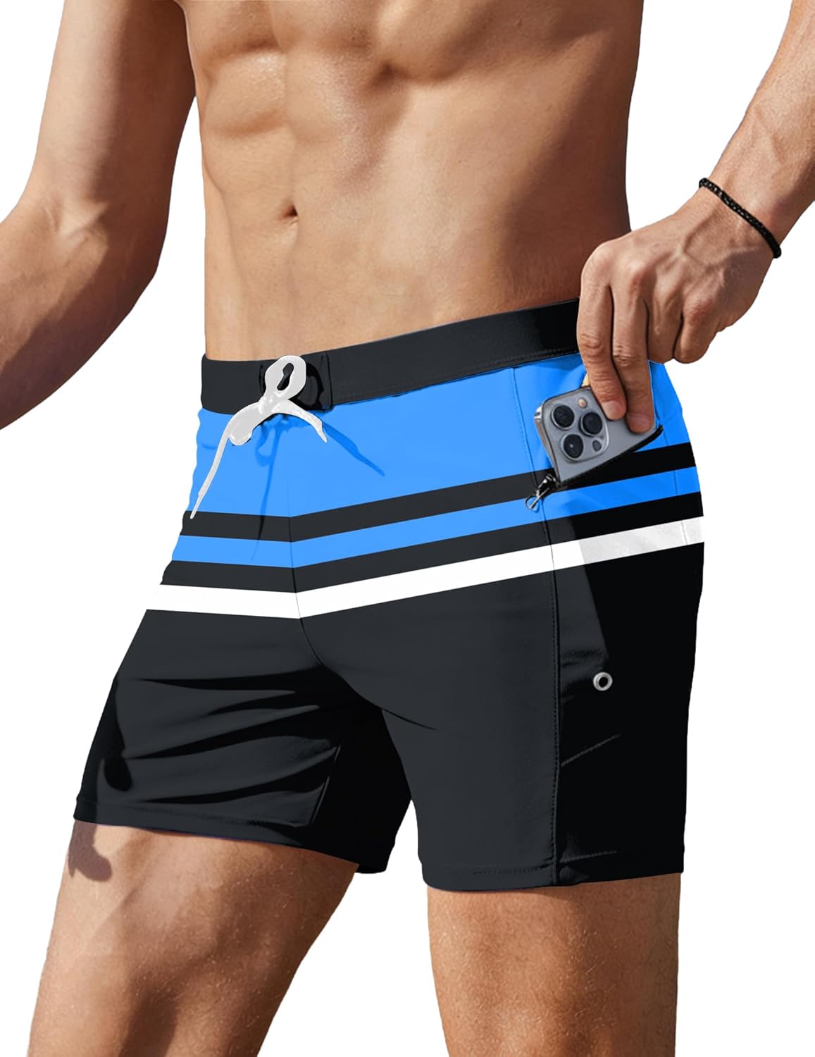 Men Swim Boxer Briefs Trunks Shorts Summer Sexy Swimsuit Quick Dry Board Short with Pockets Blue Stripes M