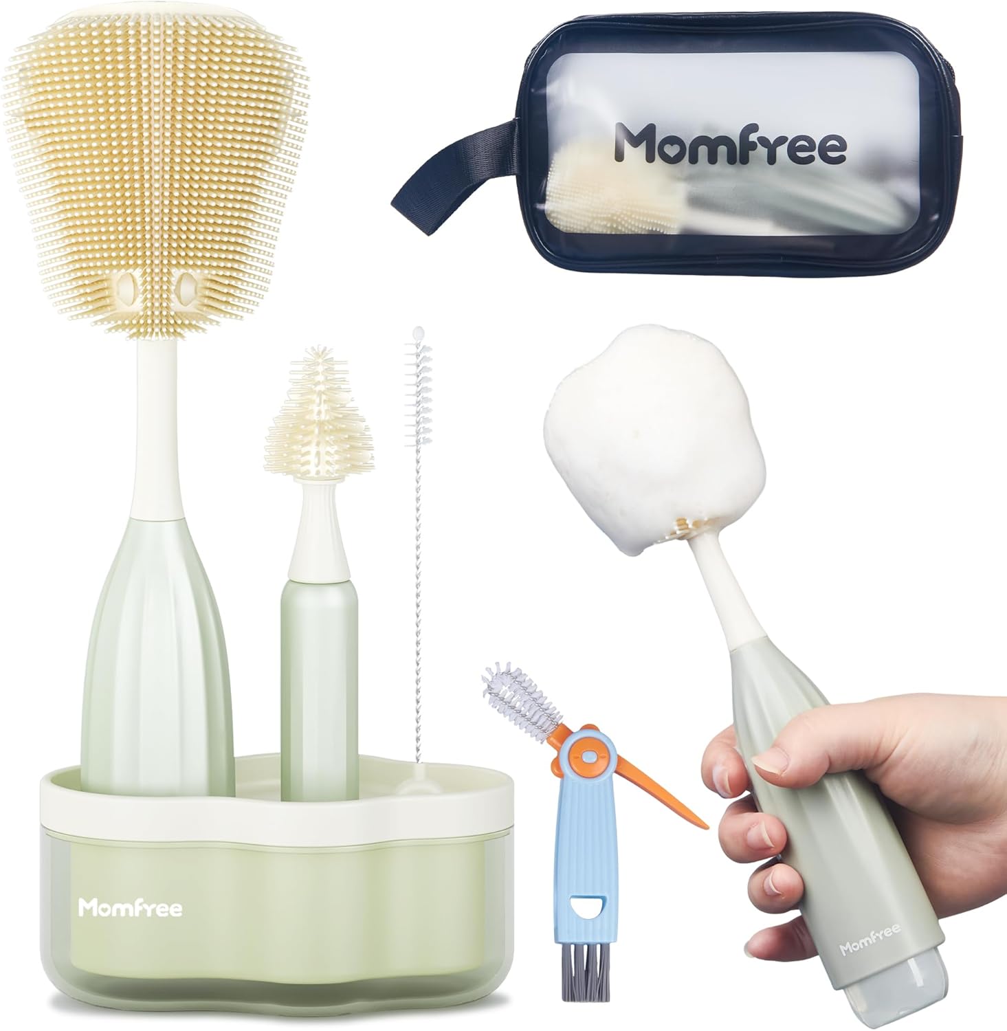 Baby Bottle Brush Set, Push-Press Baby Bottle Cleaner Brush Can Generate Foam - Travel Cleaner Brush for Baby Bottles, Breast Pumps, Nipples, and More(with Storage Bag)