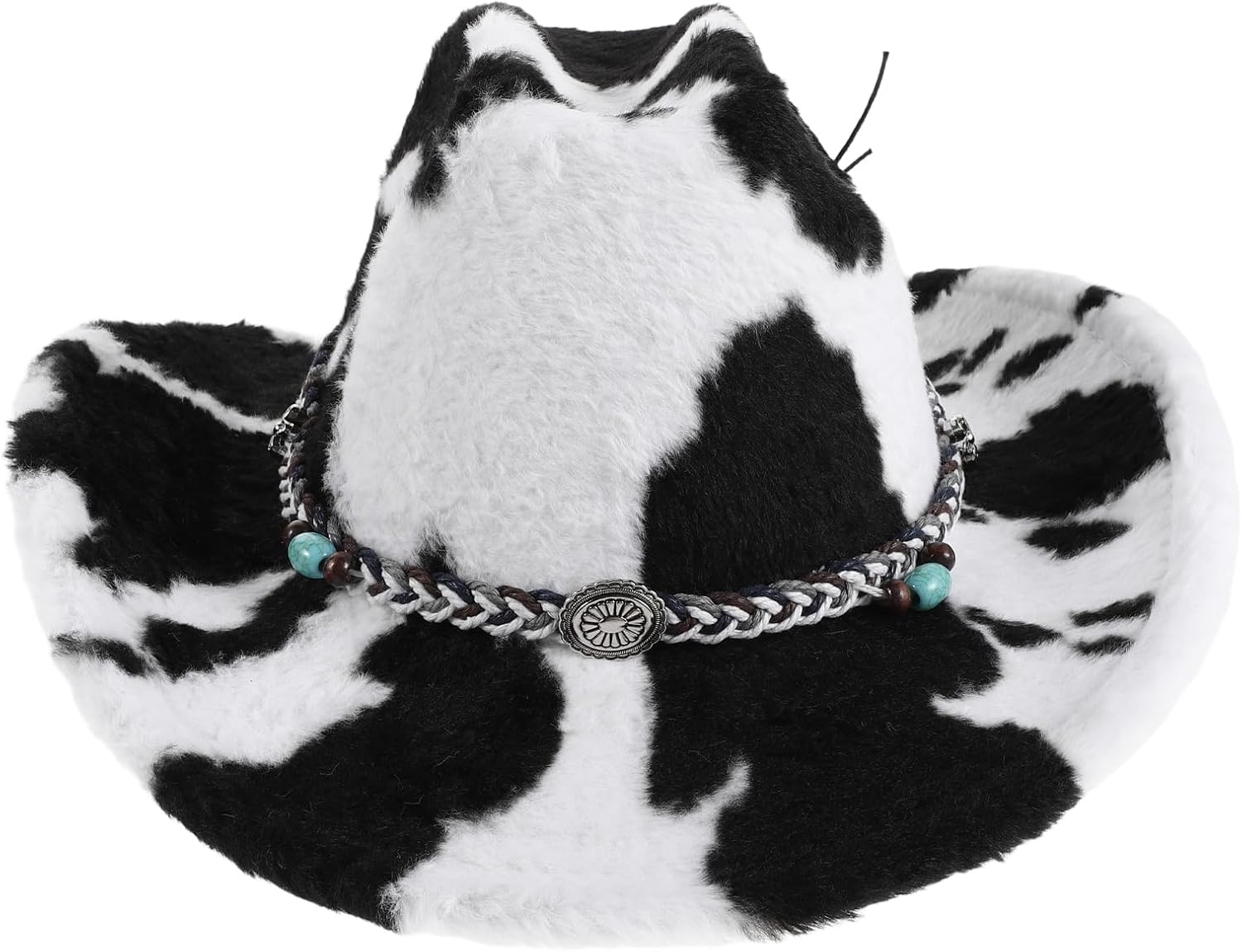 LOGOFUN Cow Print Faux Fur Cowboy Hat Wide Brim Western Style Headwear for Festival Beach Sun Protection Outdoor Party Decor