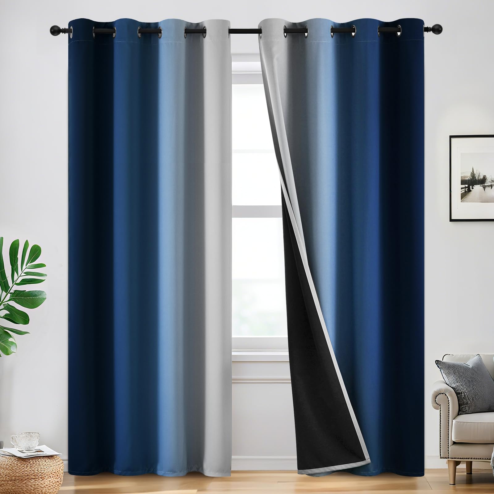 Yakamok 100 % Verdunkelungsvorhänge, 228,6 cm lang, Raumverdunkelung, Blau, Ombré für Schlafzimmer, Ösen, wärmeisoliert, Farbverlaufsvorhänge für Wohnzimmer, 2 Bahnen, 132,1 x 228,6 cm, Blau