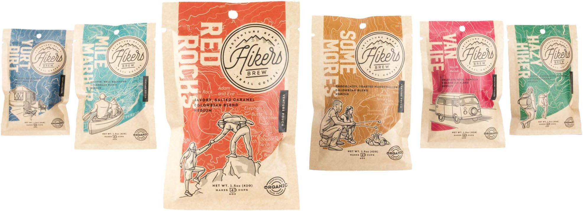 Hikers Brew Coffee - 6-Pack Sampler - 1.5 oz Venture Pouches - Ground Coffee