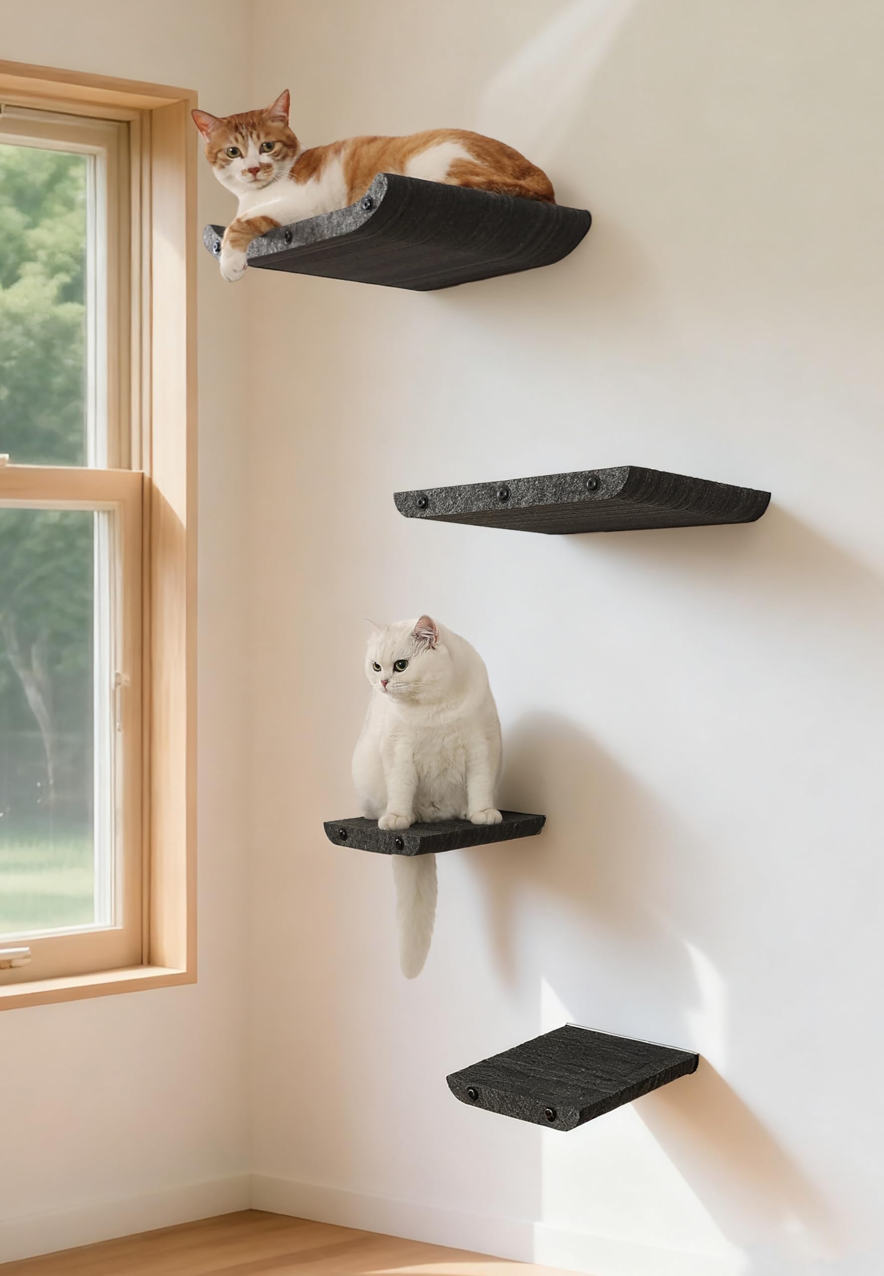 Photo 1 of Wall Mounted Cat Shelves and Perches,Scratcher Cat Beds & Furniture for Indoor Cats, Soft PET Felt Feline Climbing Wall Set, Modern Jungle Gym System for Lounging and Sleeping(Set of 4-Grey)