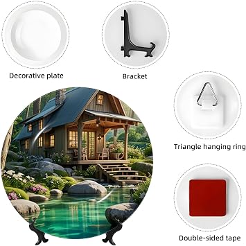Ceramic Decorative Plate with Peaceful Haven Print,Bone China (Porcelain) Plates Decorations with Vertical Stand for Home Office Shelf Wall Decor 10in