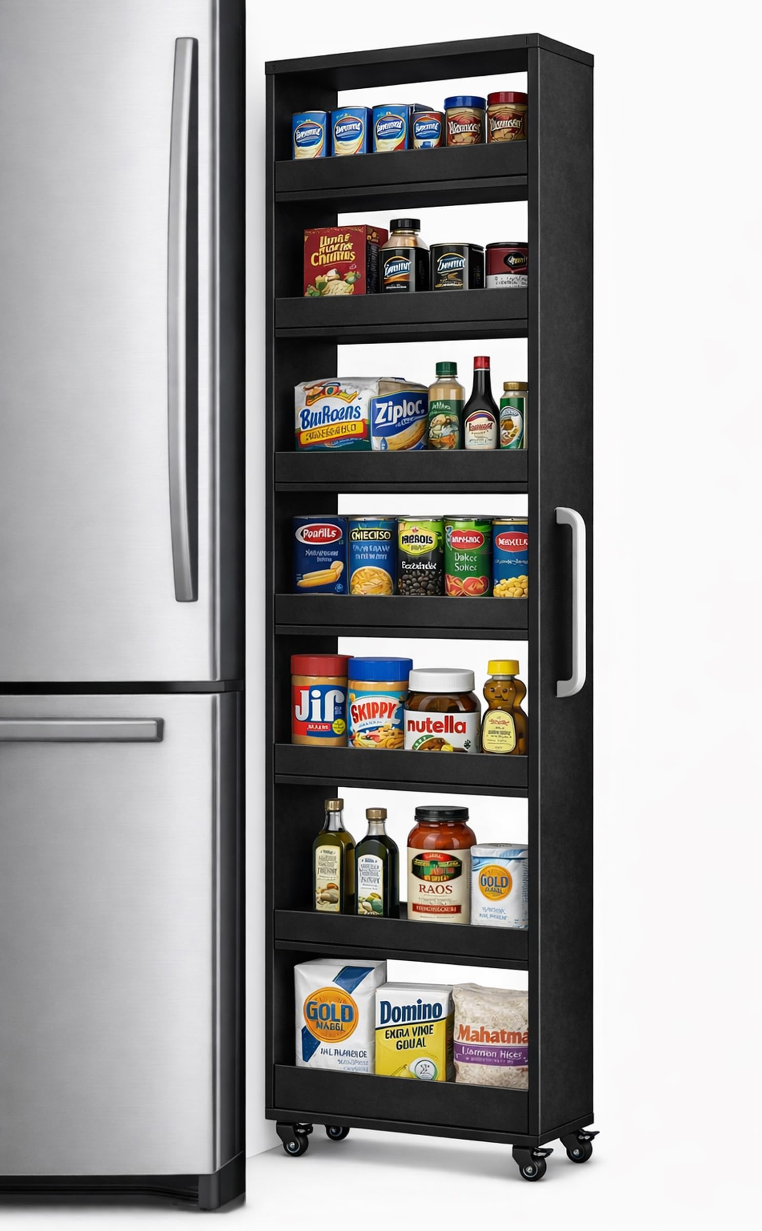 Photo 1 of ** FACTORY SEALED** Beside Fridge Storage Slim Tall Cabinet - 7-Tier Tall Narrow Kitchen Pantry Pull Out Storage Cabinet Next To Fridge, Rolling Cart For Kitchen, Dorm, Bathroom, Laundry & Office (Black, 23.6 in)